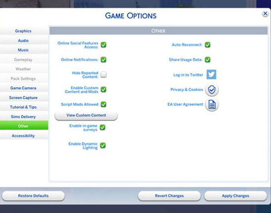 sims 4 game options