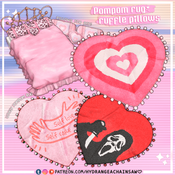 Y2K Dream Heart pompom rug + ruffle pillows